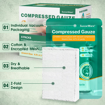 SuccorWare 8er-Pack sterile Kompressen mit Z-Faltung – Wundgaze zur Blutstillung, 4,5" x 4,1 Yards, 6-lagig – für Erste-Hilfe-Set, medizinisches Trauma-Set, IFAK-Nachfüllung