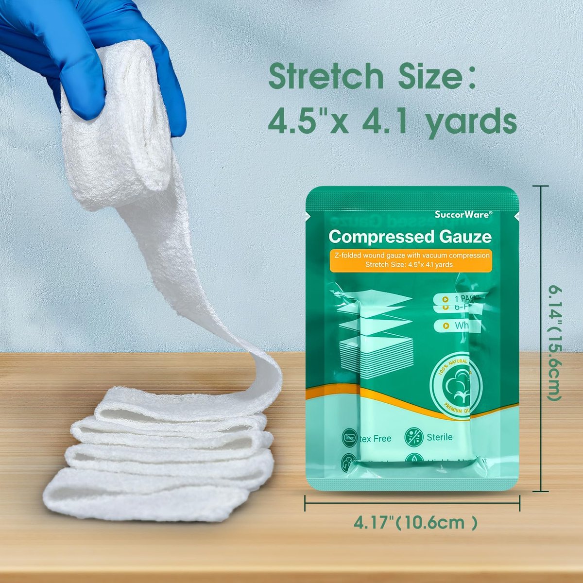 SuccorWare 8er-Pack sterile Kompressen mit Z-Faltung – Wundgaze zur Blutstillung, 4,5" x 4,1 Yards, 6-lagig – für Erste-Hilfe-Set, medizinisches Trauma-Set, IFAK-Nachfüllung