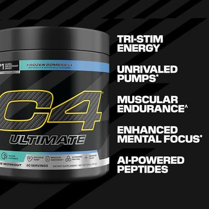 C4 Ultimate Pre Workout Pulver - Zuckerfreies Pre-Workout-Energie-Supplement für Männer & Frauen - 300 mg Koffein + TeaCrine + Dynamine + Kreatin - Frozen Bombsicle, 20 Portionen