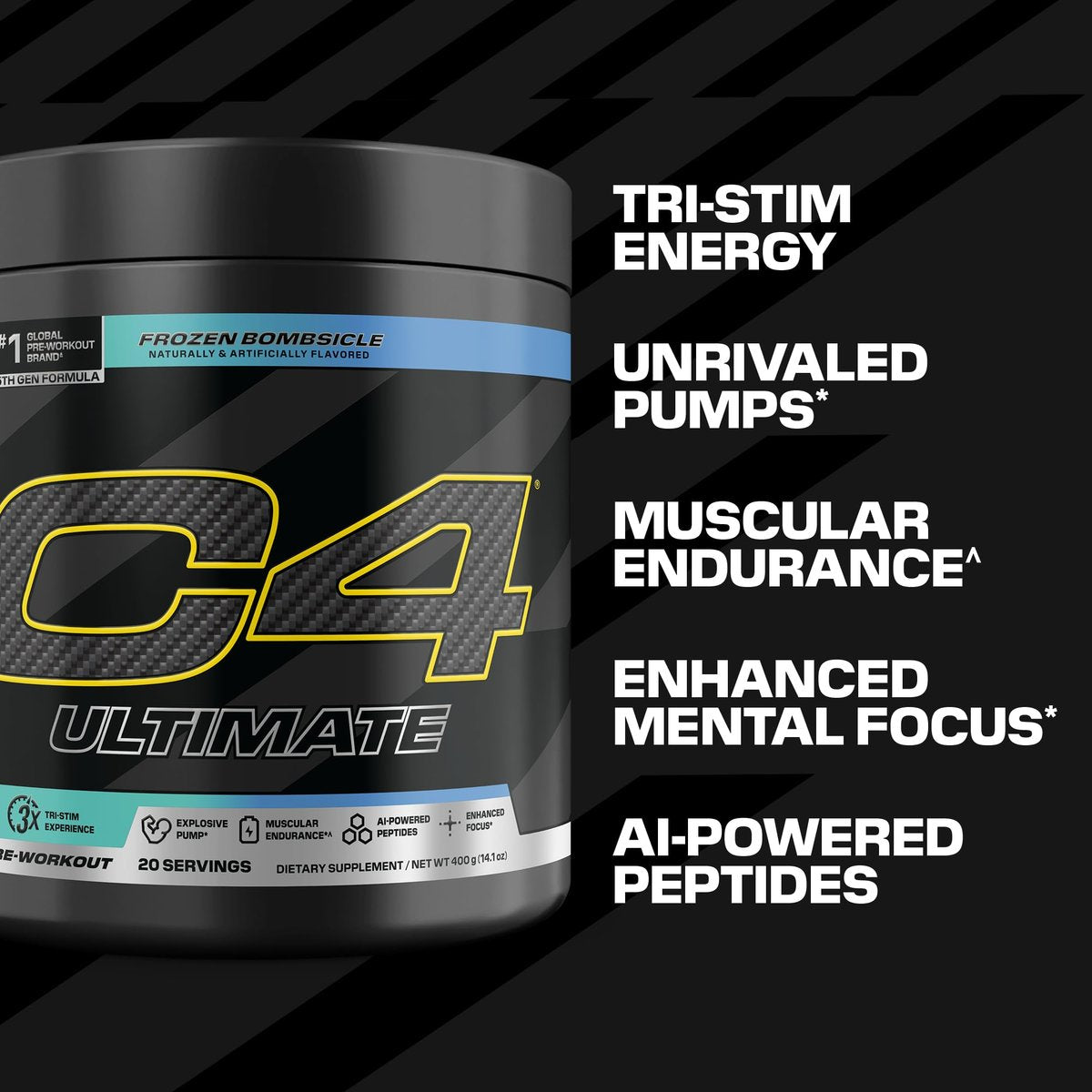C4 Ultimate Pre Workout Pulver - Zuckerfreies Pre-Workout-Energie-Supplement für Männer & Frauen - 300 mg Koffein + TeaCrine + Dynamine + Kreatin - Frozen Bombsicle, 20 Portionen