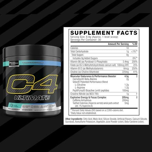 C4 Ultimate Pre Workout Pulver - Zuckerfreies Pre-Workout-Energie-Supplement für Männer & Frauen - 300 mg Koffein + TeaCrine + Dynamine + Kreatin - Frozen Bombsicle, 20 Portionen