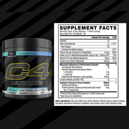 C4 Ultimate Pre Workout Pulver - Zuckerfreies Pre-Workout-Energie-Supplement für Männer & Frauen - 300 mg Koffein + TeaCrine + Dynamine + Kreatin - Frozen Bombsicle, 20 Portionen