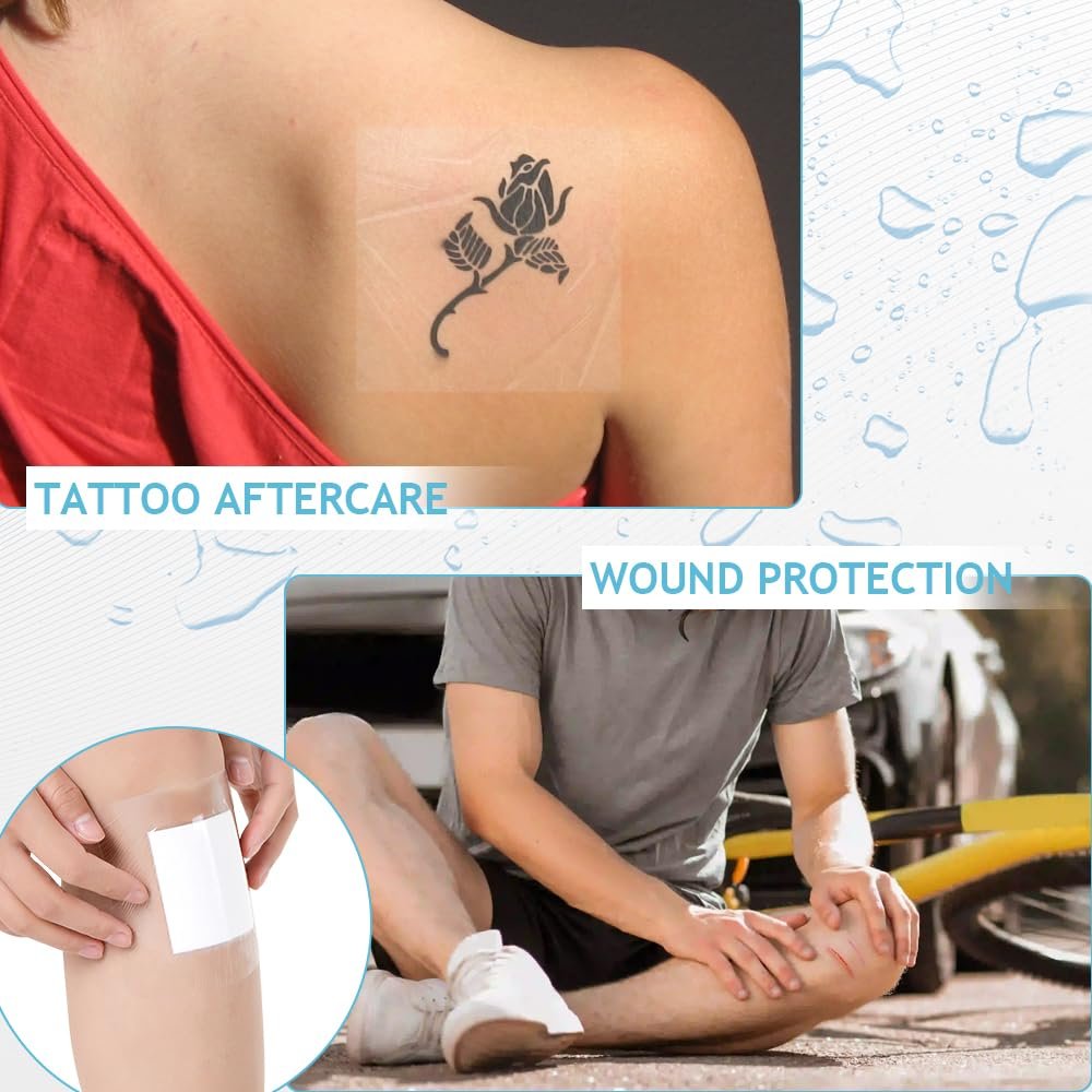 Tattoo Nachsorge wasserdichte Bandagen für Schwimmen Second Skin Tattoo Abdeckung Pflaster, 50 Stück 9,9×9,9 cm wasserdichte Bandagen nach Operationen, Wundversiegelung, transparente Folienverbände, transparente Pflaster