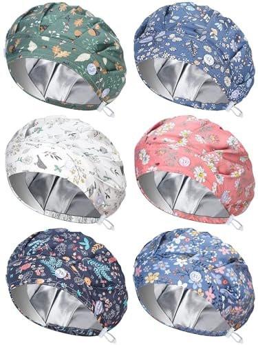 Floraltop 6er-Pack Satingefütterte OP-Hauben für Frauen mit Knöpfen, verstellbarem Band und Rüschenband (Klassisches Muster)