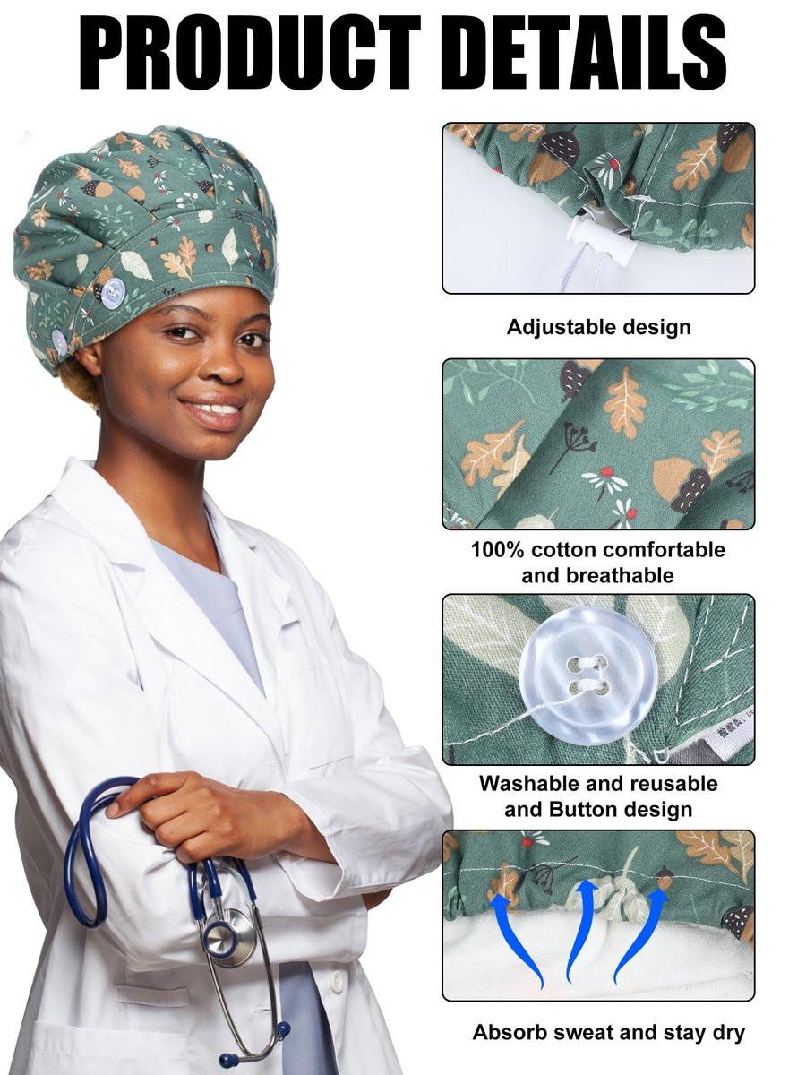 Floraltop 6er-Pack Satingefütterte OP-Hauben für Frauen mit Knöpfen, verstellbarem Band und Rüschenband (Klassisches Muster)