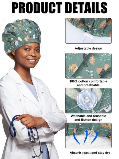 Floraltop 6er-Pack Satingefütterte OP-Hauben für Frauen mit Knöpfen, verstellbarem Band und Rüschenband (Klassisches Muster)