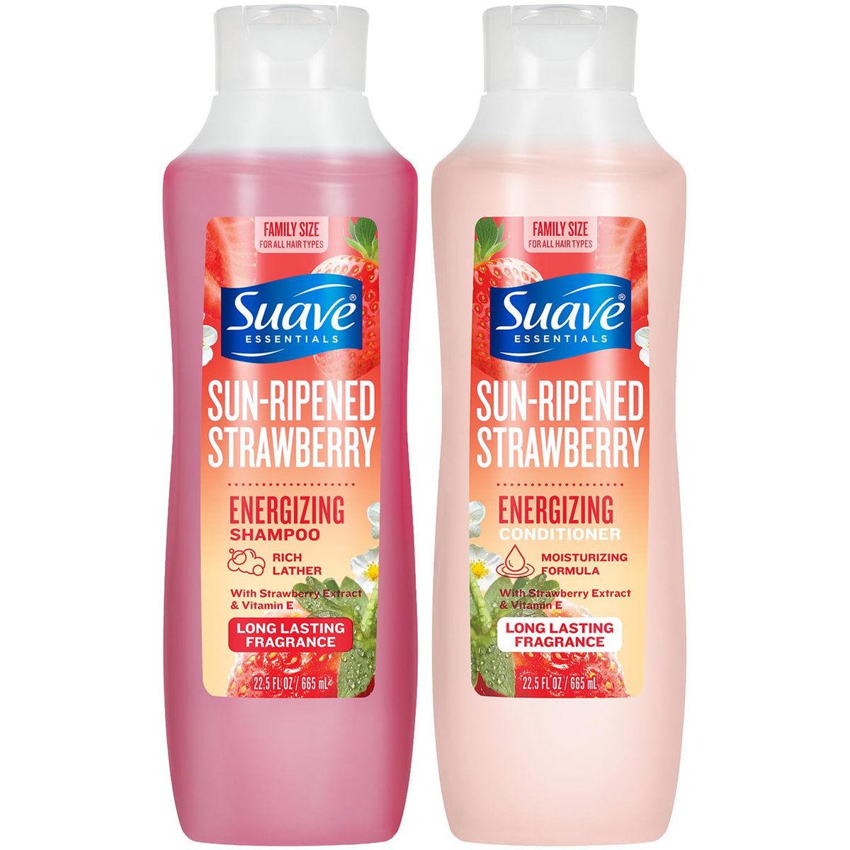 Suave Shampoo & Conditioner Set, Sonnengereifte Erdbeere – Tägliche Energieformel mit Fruchtextrakt & Vitamin E, 22,5 Oz pro Flasche (2er-Set)
