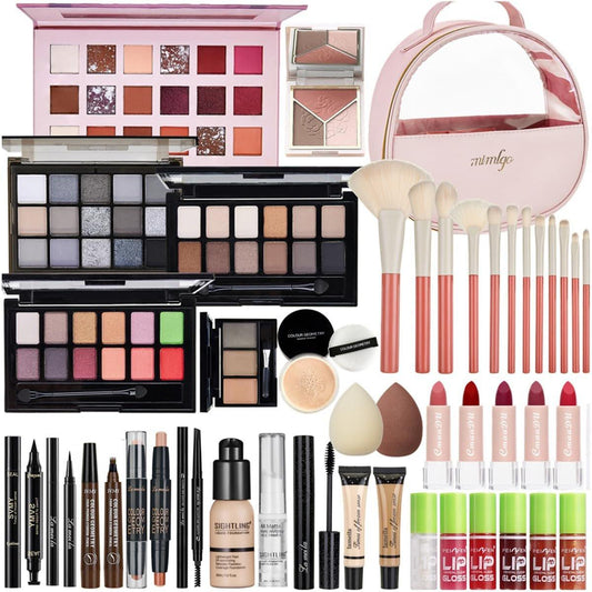 All-in-One Makeup Set für Frauen – Komplettes Makeup Kit mit Foundation, Lidschatten-Palette, Lippenstift, Eyeliner, Mascara, Contour Stick und Pinsel-Set – Reise-Makeup-Set