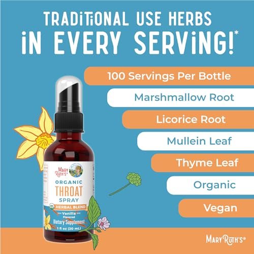 MARYRUTH'S USDA Bio Organischer Hals-Spray mit Königskerze, Eibischwurzel, Süßholzwurzel und Thymian | Vanille | 4-Kräuter-Mischung | Nicht-GMO | Vegan | Glutenfrei | 30 ml | Bis zu 100 Portionen