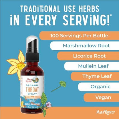 MARYRUTH'S USDA Bio Organischer Hals-Spray mit Königskerze, Eibischwurzel, Süßholzwurzel und Thymian | Vanille | 4-Kräuter-Mischung | Nicht-GMO | Vegan | Glutenfrei | 30 ml | Bis zu 100 Portionen