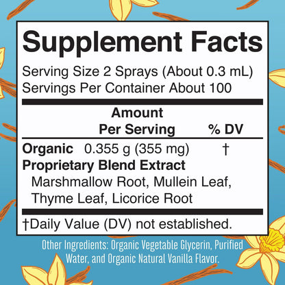 MARYRUTH'S USDA Bio Organischer Hals-Spray mit Königskerze, Eibischwurzel, Süßholzwurzel und Thymian | Vanille | 4-Kräuter-Mischung | Nicht-GMO | Vegan | Glutenfrei | 30 ml | Bis zu 100 Portionen