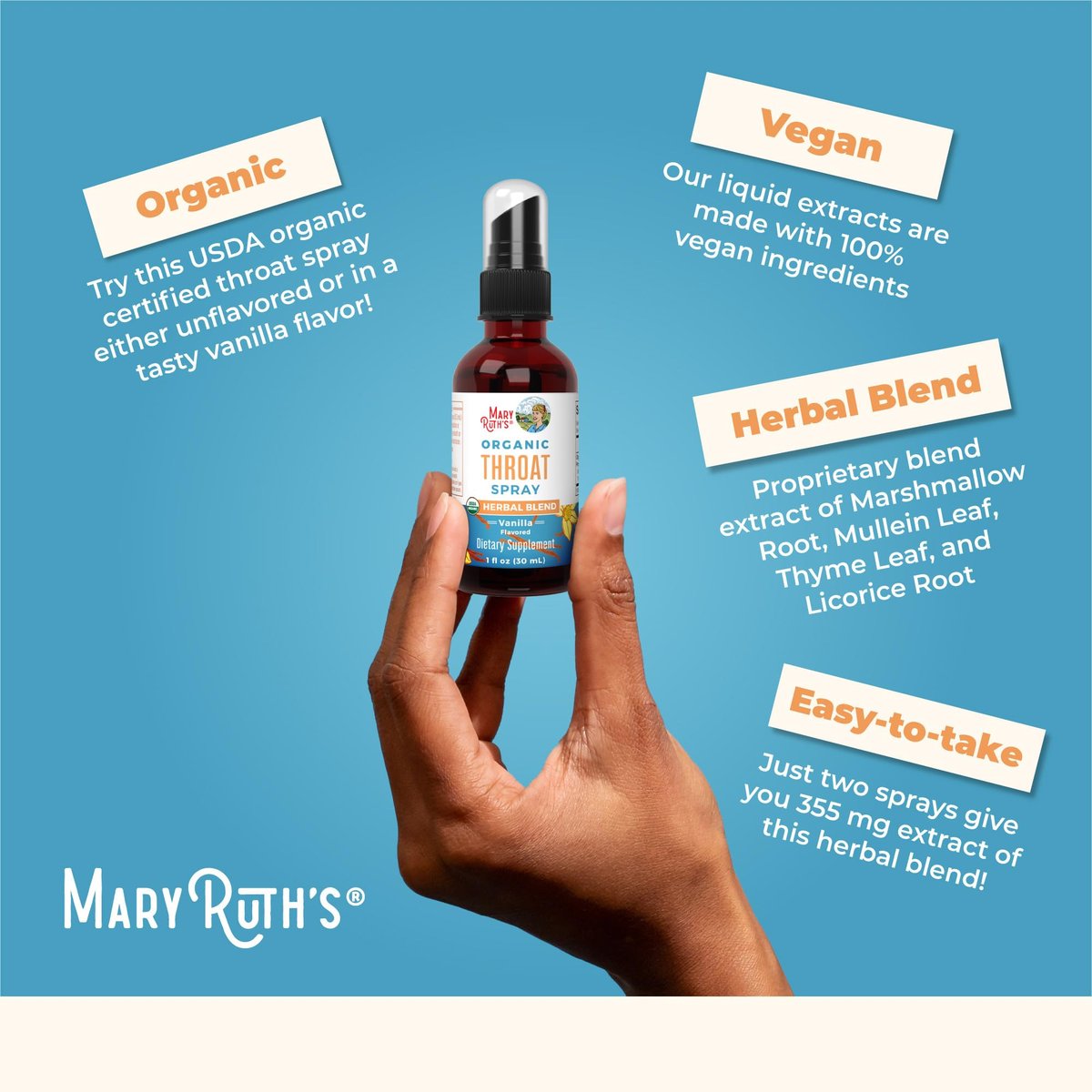 MARYRUTH'S USDA Bio Organischer Hals-Spray mit Königskerze, Eibischwurzel, Süßholzwurzel und Thymian | Vanille | 4-Kräuter-Mischung | Nicht-GMO | Vegan | Glutenfrei | 30 ml | Bis zu 100 Portionen