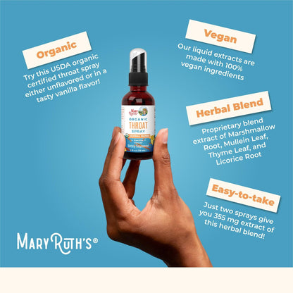 MARYRUTH'S USDA Bio Organischer Hals-Spray mit Königskerze, Eibischwurzel, Süßholzwurzel und Thymian | Vanille | 4-Kräuter-Mischung | Nicht-GMO | Vegan | Glutenfrei | 30 ml | Bis zu 100 Portionen