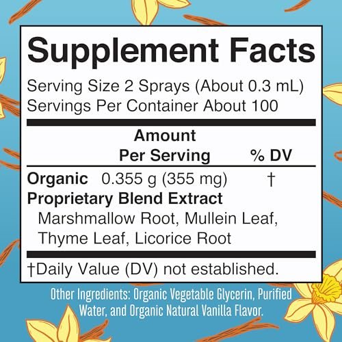 MARYRUTH'S USDA Bio Organischer Hals-Spray mit Königskerze, Eibischwurzel, Süßholzwurzel und Thymian | Vanille | 4-Kräuter-Mischung | Nicht-GMO | Vegan | Glutenfrei | 30 ml | Bis zu 100 Portionen