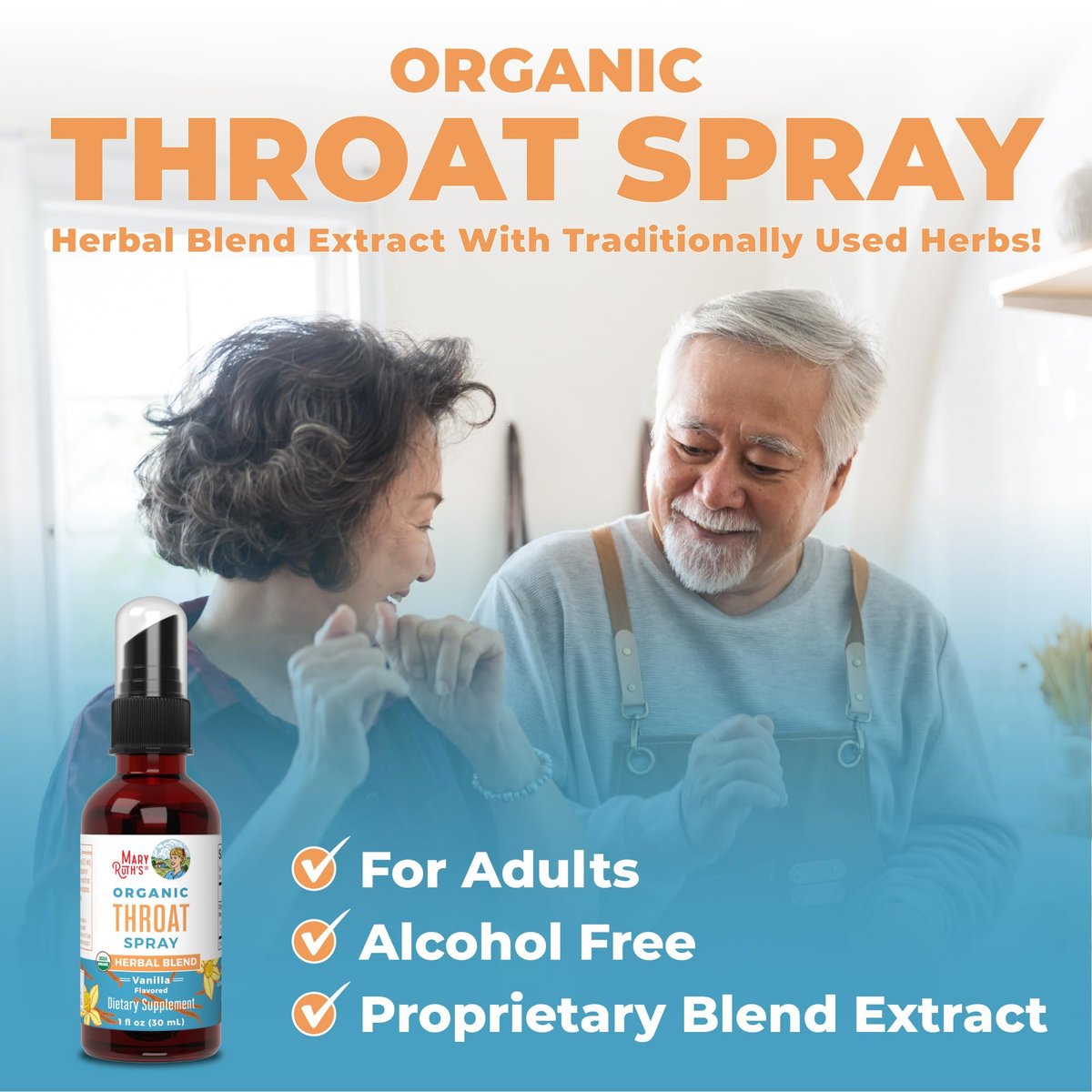 MARYRUTH'S USDA Bio Organischer Hals-Spray mit Königskerze, Eibischwurzel, Süßholzwurzel und Thymian | Vanille | 4-Kräuter-Mischung | Nicht-GMO | Vegan | Glutenfrei | 30 ml | Bis zu 100 Portionen