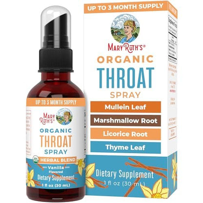MARYRUTH'S USDA Bio Organischer Hals-Spray mit Königskerze, Eibischwurzel, Süßholzwurzel und Thymian | Vanille | 4-Kräuter-Mischung | Nicht-GMO | Vegan | Glutenfrei | 30 ml | Bis zu 100 Portionen