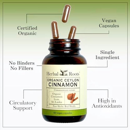 Herbal Roots Bio Ceylon Zimt Kapseln | USDA Bio-zertifiziert - Nicht-GMO | 60 vegane Kapseln