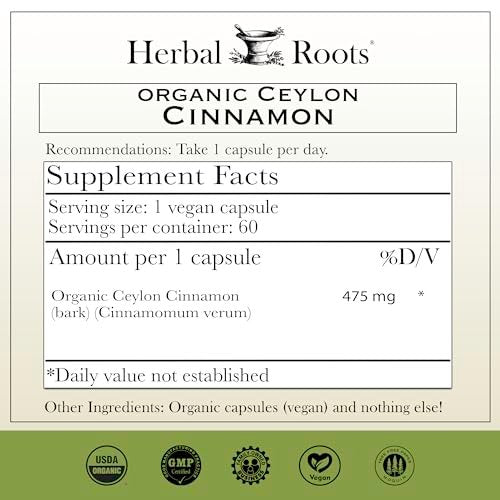 Herbal Roots Bio Ceylon Zimt Kapseln | USDA Bio-zertifiziert - Nicht-GMO | 60 vegane Kapseln