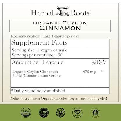 Herbal Roots Bio Ceylon Zimt Kapseln | USDA Bio-zertifiziert - Nicht-GMO | 60 vegane Kapseln