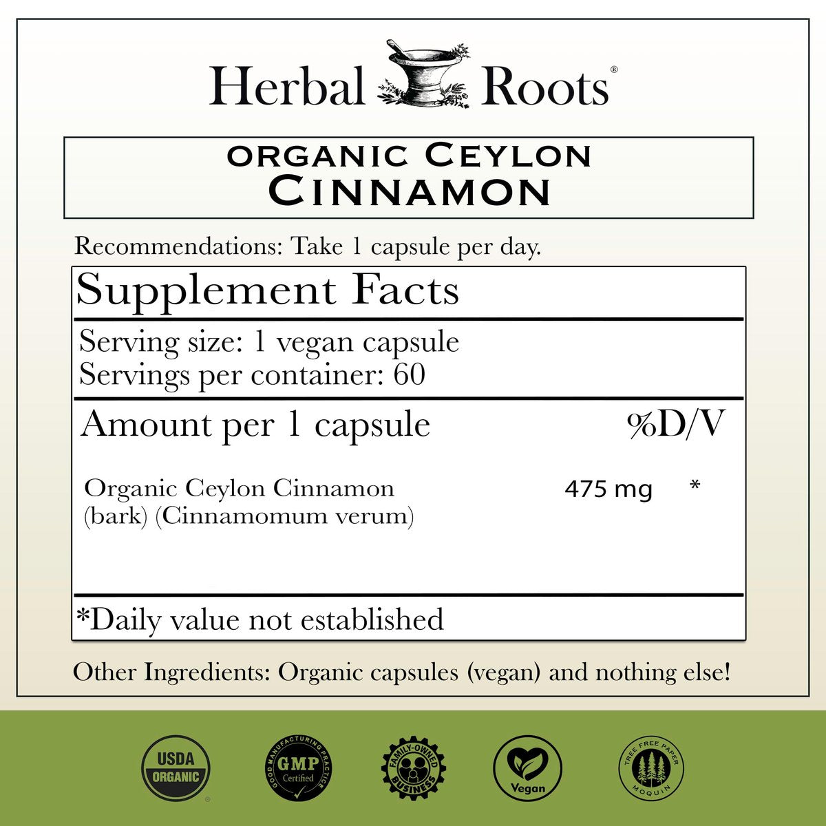 Herbal Roots Bio Ceylon Zimt Kapseln | USDA Bio-zertifiziert - Nicht-GMO | 60 vegane Kapseln