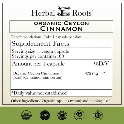 Herbal Roots Bio Ceylon Zimt Kapseln | USDA Bio-zertifiziert - Nicht-GMO | 60 vegane Kapseln