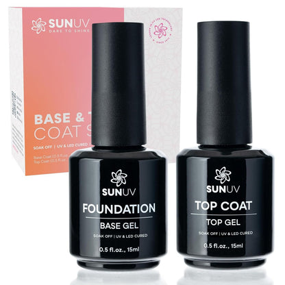 SUNUV 15ml Gel Top Coat und Base Coat Set, Hema-freies Gel-Nagellack-Set 2er-Pack, Kunstmaniküre UV-Nagellampe ohne Abwischen, hochglänzendes Geschenk für Frauen