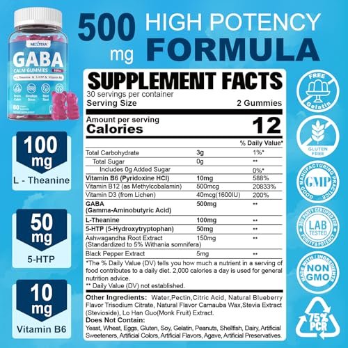 GABA Gummies 500 mg – Zuckerfreie Calm Gummies mit L-Theanin, 5-HTP, Vitamin D3, B12, Ashwagandha – Ohne Melatonin für innere Ruhe, Stimmung und besseren Schlaf – Blaubeergeschmack, 60 Stück