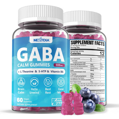 GABA Gummies 500 mg – Zuckerfreie Calm Gummies mit L-Theanin, 5-HTP, Vitamin D3, B12, Ashwagandha – Ohne Melatonin für innere Ruhe, Stimmung und besseren Schlaf – Blaubeergeschmack, 60 Stück