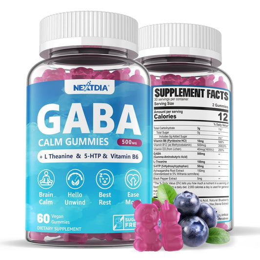 GABA Gummies 500 mg – Zuckerfreie Calm Gummies mit L-Theanin, 5-HTP, Vitamin D3, B12, Ashwagandha – Ohne Melatonin für innere Ruhe, Stimmung und besseren Schlaf – Blaubeergeschmack, 60 Stück