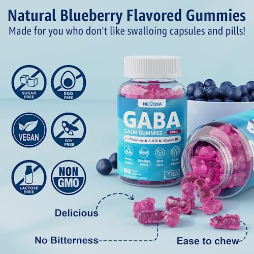 GABA Gummies 500 mg – Zuckerfreie Calm Gummies mit L-Theanin, 5-HTP, Vitamin D3, B12, Ashwagandha – Ohne Melatonin für innere Ruhe, Stimmung und besseren Schlaf – Blaubeergeschmack, 60 Stück