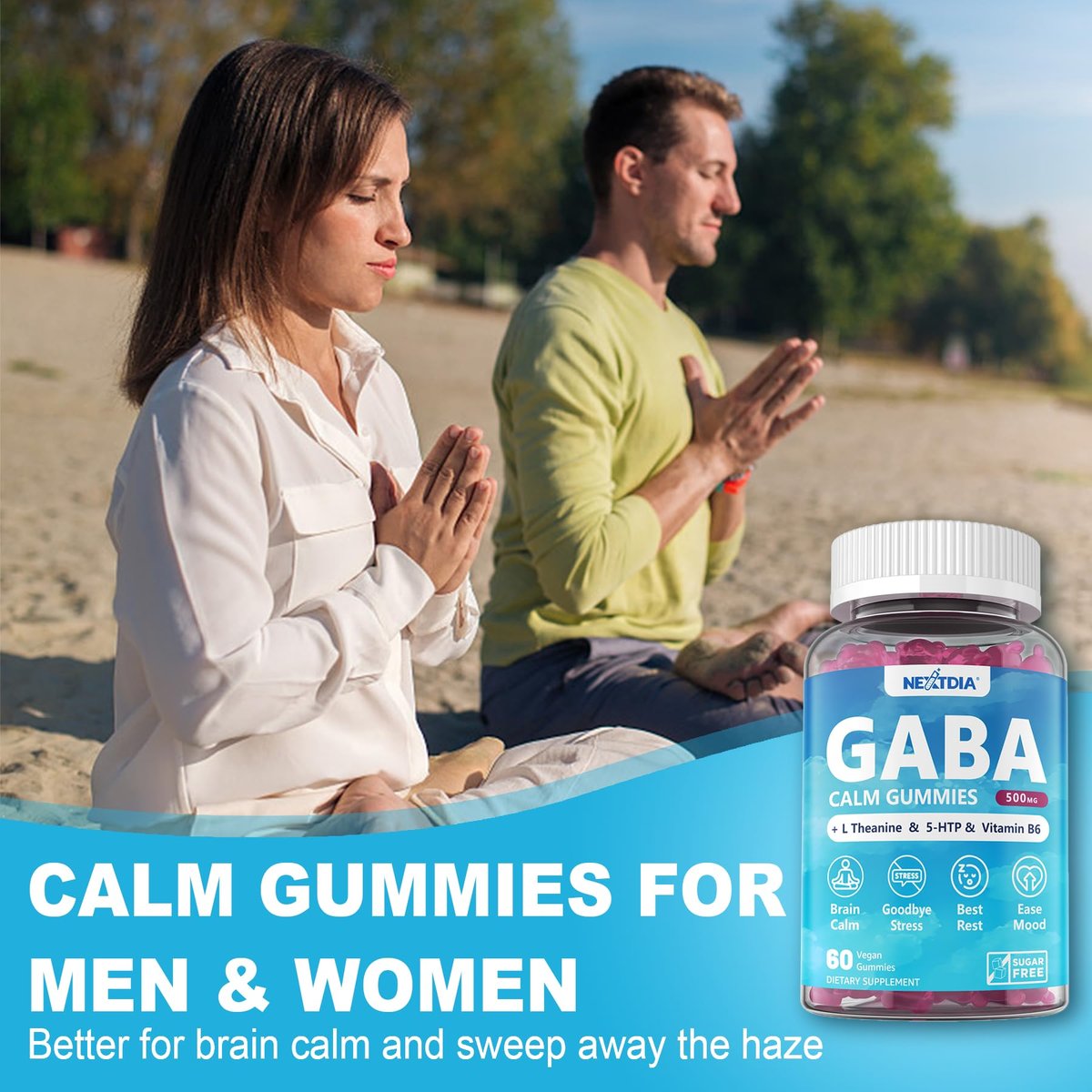 GABA Gummies 500 mg – Zuckerfreie Calm Gummies mit L-Theanin, 5-HTP, Vitamin D3, B12, Ashwagandha – Ohne Melatonin für innere Ruhe, Stimmung und besseren Schlaf – Blaubeergeschmack, 60 Stück