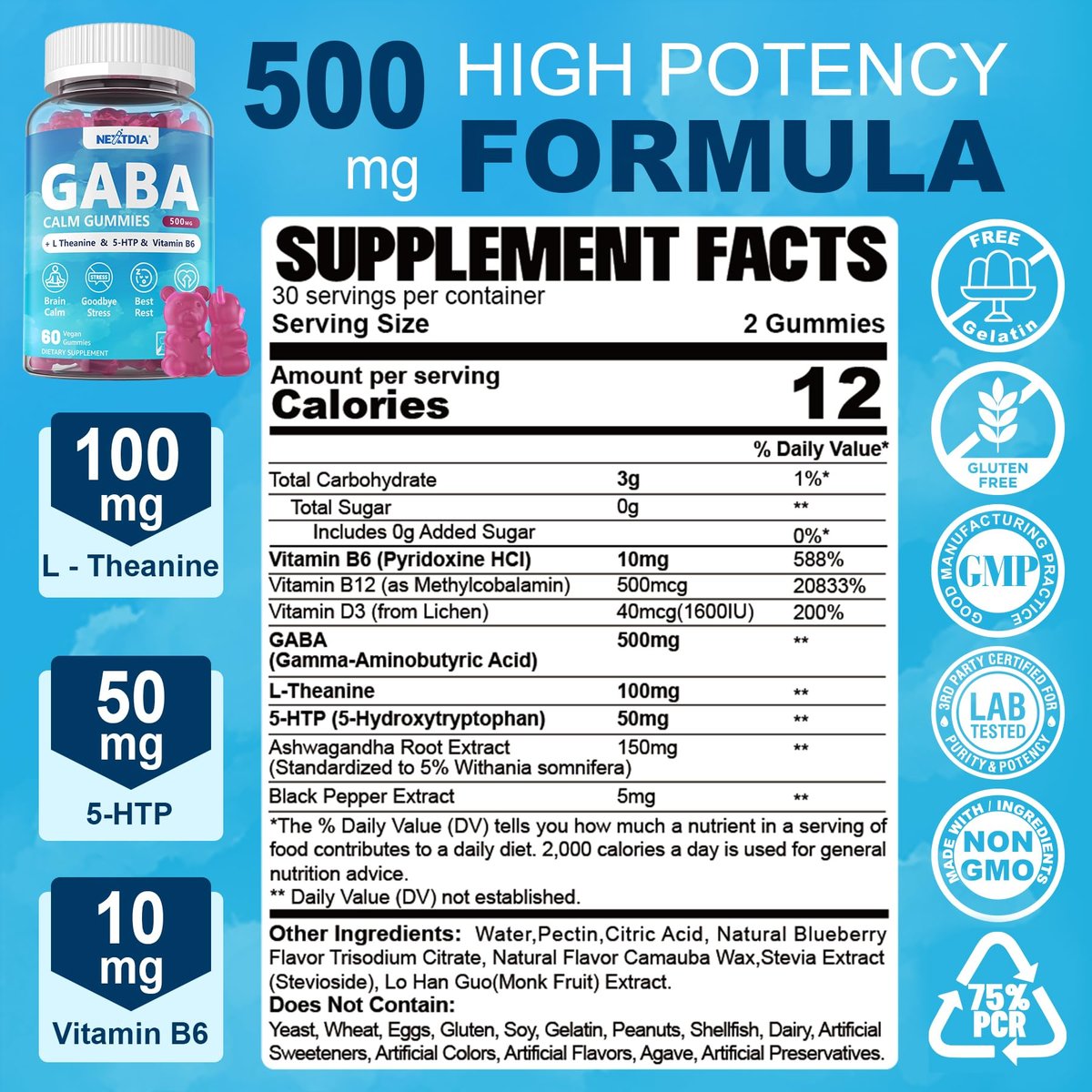 GABA Gummies 500 mg – Zuckerfreie Calm Gummies mit L-Theanin, 5-HTP, Vitamin D3, B12, Ashwagandha – Ohne Melatonin für innere Ruhe, Stimmung und besseren Schlaf – Blaubeergeschmack, 60 Stück