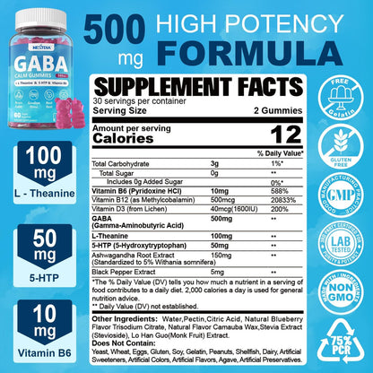 GABA Gummies 500 mg – Zuckerfreie Calm Gummies mit L-Theanin, 5-HTP, Vitamin D3, B12, Ashwagandha – Ohne Melatonin für innere Ruhe, Stimmung und besseren Schlaf – Blaubeergeschmack, 60 Stück
