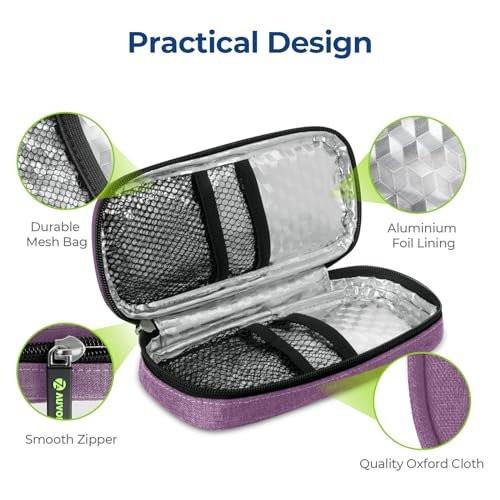 AUVON Insulin-Pen-Kühler-Reiseetui mit 2 * 90g TSA-zugelassenen Kühlakkus, kompakte isolierte Kühltasche für Insulinpens und Diabeteszubehör, für Alltag und Reisen