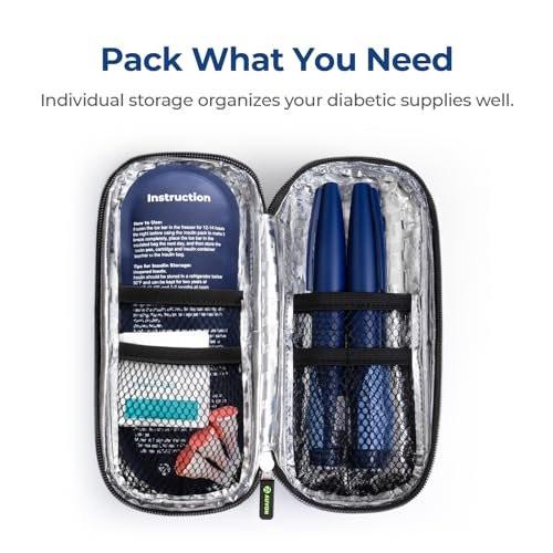 AUVON Insulin-Pen-Kühler-Reiseetui mit 2 * 90g TSA-zugelassenen Kühlakkus, kompakte isolierte Kühltasche für Insulinpens und Diabeteszubehör, für Alltag und Reisen