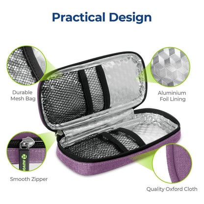 AUVON Insulin-Pen-Kühler-Reiseetui mit 2 * 90g TSA-zugelassenen Kühlakkus, kompakte isolierte Kühltasche für Insulinpens und Diabeteszubehör, für Alltag und Reisen