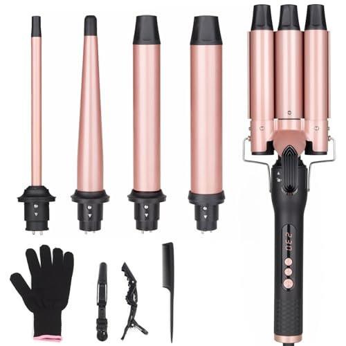 UNOBEY 5-in-1 Lockenwickler-Set, Drei-Lauf-Locken-Eisen-Set mit 3-Lauf-Locken-Eisen und 4 austauschbaren Keramik-Locken-Wickelstäben (0,5”-1,25”), schnelles Aufheizen, inklusive Handschuh und 2 Clips