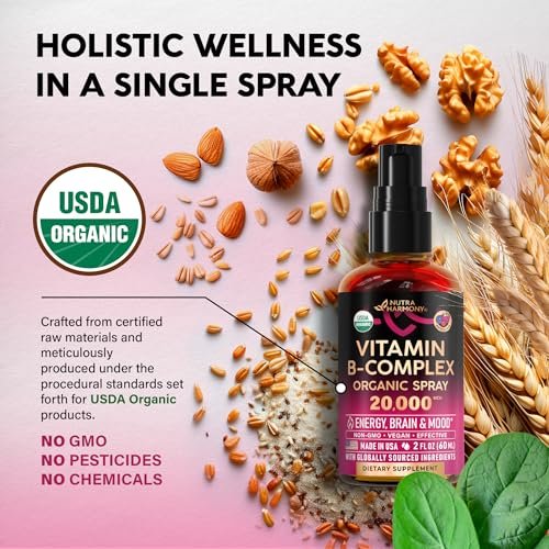 USDA Organic Vitamin B-Komplex Liquid Spray 8-in-1 – B5 Pantothensäure | B12 Methylcobalamin | B1 Thiamin | B6 Pyridoxin | B7 Biotin | B9 Folsäure | B3 Niacinamid – Beerengeschmack – 60 ml
