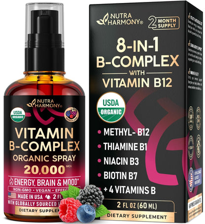USDA Organic Vitamin B-Komplex Liquid Spray 8-in-1 – B5 Pantothensäure | B12 Methylcobalamin | B1 Thiamin | B6 Pyridoxin | B7 Biotin | B9 Folsäure | B3 Niacinamid – Beerengeschmack – 60 ml