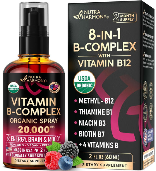 USDA Organic Vitamin B-Komplex Liquid Spray 8-in-1 – B5 Pantothensäure | B12 Methylcobalamin | B1 Thiamin | B6 Pyridoxin | B7 Biotin | B9 Folsäure | B3 Niacinamid – Beerengeschmack – 60 ml