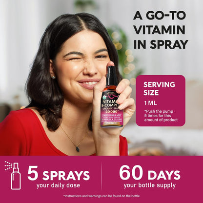 USDA Organic Vitamin B-Komplex Liquid Spray 8-in-1 – B5 Pantothensäure | B12 Methylcobalamin | B1 Thiamin | B6 Pyridoxin | B7 Biotin | B9 Folsäure | B3 Niacinamid – Beerengeschmack – 60 ml