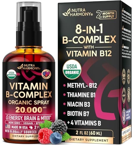 USDA Organic Vitamin B-Komplex Liquid Spray 8-in-1 – B5 Pantothensäure | B12 Methylcobalamin | B1 Thiamin | B6 Pyridoxin | B7 Biotin | B9 Folsäure | B3 Niacinamid – Beerengeschmack – 60 ml