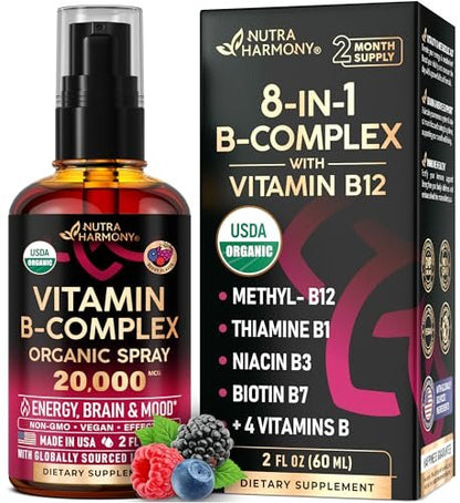USDA Organic Vitamin B-Komplex Liquid Spray 8-in-1 – B5 Pantothensäure | B12 Methylcobalamin | B1 Thiamin | B6 Pyridoxin | B7 Biotin | B9 Folsäure | B3 Niacinamid – Beerengeschmack – 60 ml