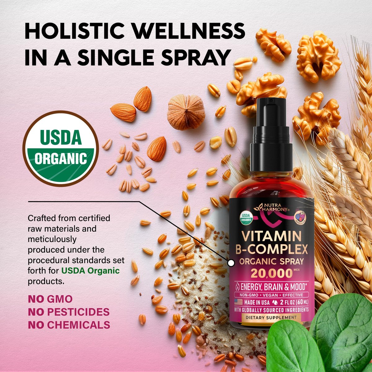USDA Organic Vitamin B-Komplex Liquid Spray 8-in-1 – B5 Pantothensäure | B12 Methylcobalamin | B1 Thiamin | B6 Pyridoxin | B7 Biotin | B9 Folsäure | B3 Niacinamid – Beerengeschmack – 60 ml