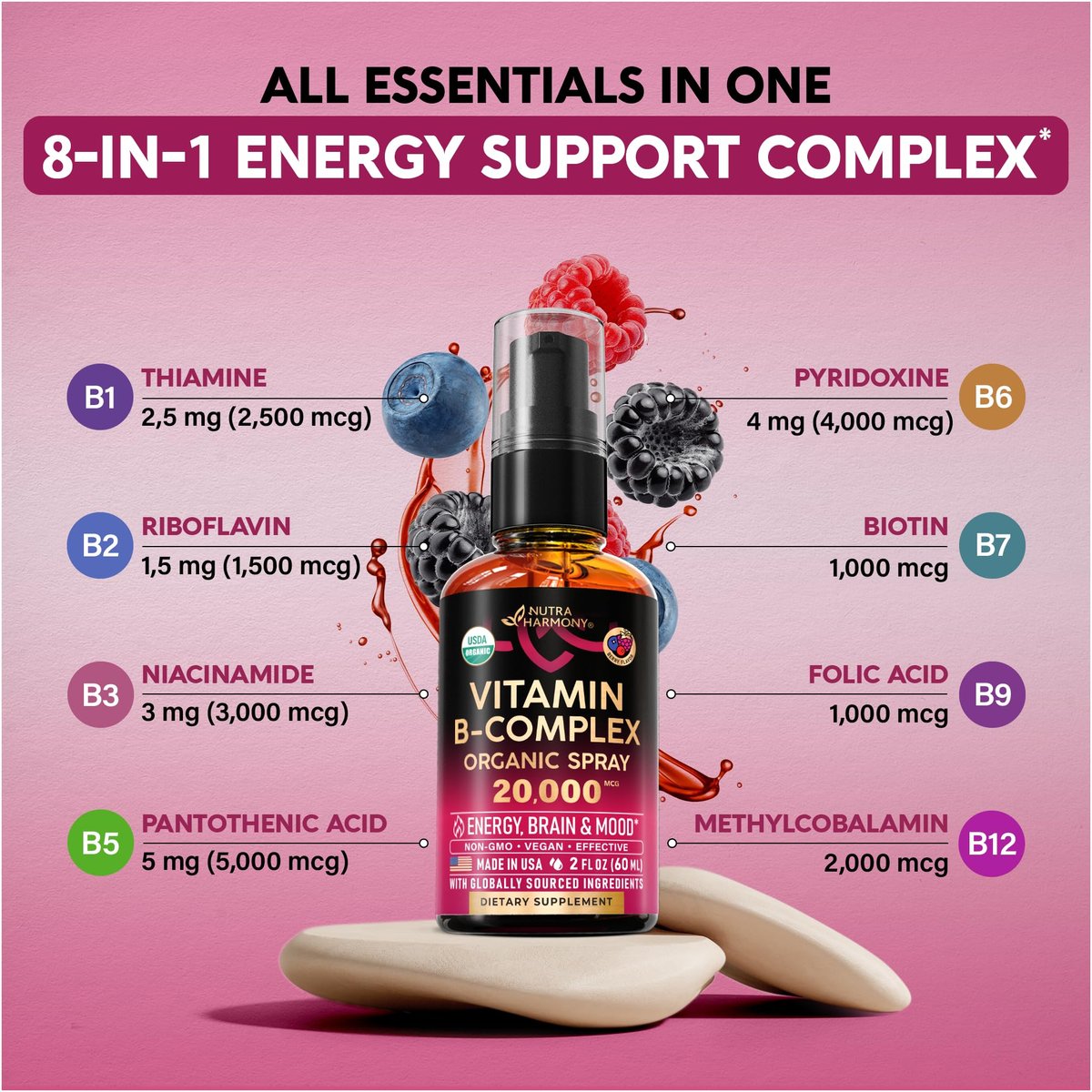 USDA Organic Vitamin B-Komplex Liquid Spray 8-in-1 – B5 Pantothensäure | B12 Methylcobalamin | B1 Thiamin | B6 Pyridoxin | B7 Biotin | B9 Folsäure | B3 Niacinamid – Beerengeschmack – 60 ml