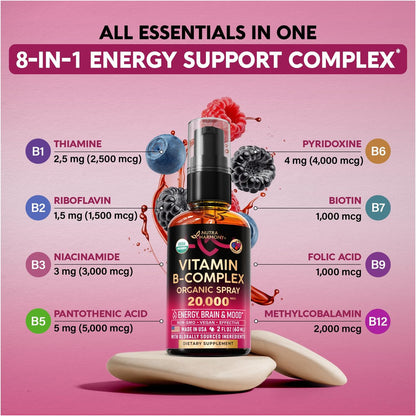 USDA Organic Vitamin B-Komplex Liquid Spray 8-in-1 – B5 Pantothensäure | B12 Methylcobalamin | B1 Thiamin | B6 Pyridoxin | B7 Biotin | B9 Folsäure | B3 Niacinamid – Beerengeschmack – 60 ml