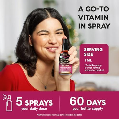 USDA Organic Vitamin B-Komplex Liquid Spray 8-in-1 – B5 Pantothensäure | B12 Methylcobalamin | B1 Thiamin | B6 Pyridoxin | B7 Biotin | B9 Folsäure | B3 Niacinamid – Beerengeschmack – 60 ml