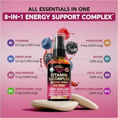 USDA Organic Vitamin B-Komplex Liquid Spray 8-in-1 – B5 Pantothensäure | B12 Methylcobalamin | B1 Thiamin | B6 Pyridoxin | B7 Biotin | B9 Folsäure | B3 Niacinamid – Beerengeschmack – 60 ml