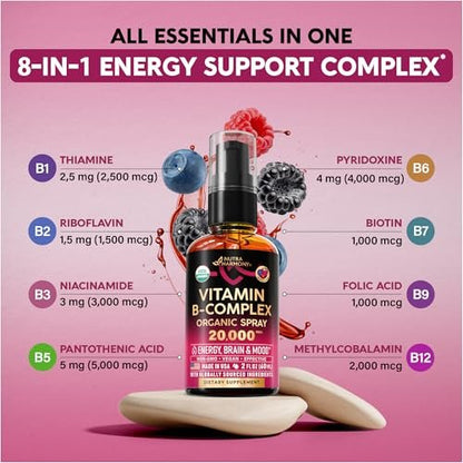USDA Organic Vitamin B-Komplex Liquid Spray 8-in-1 – B5 Pantothensäure | B12 Methylcobalamin | B1 Thiamin | B6 Pyridoxin | B7 Biotin | B9 Folsäure | B3 Niacinamid – Beerengeschmack – 60 ml