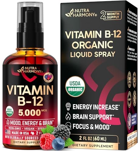 USDA Bio Vitamin B12 Spray – 5000 mcg veganes Methylcobalamin, Energie & Fokus, 2 Monate Vorrat, 60 ml
